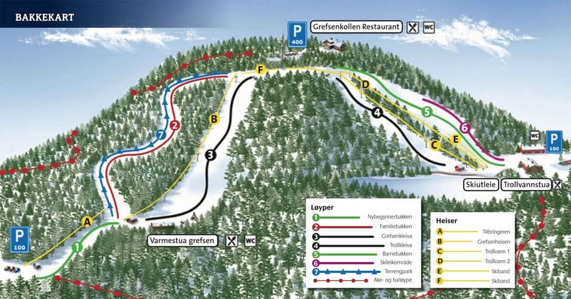 Bakkekart over Oslo Skisenter med oversikt over løyper og heiser